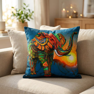 Housse de coussin éléphant multicolore au coucher de soleil