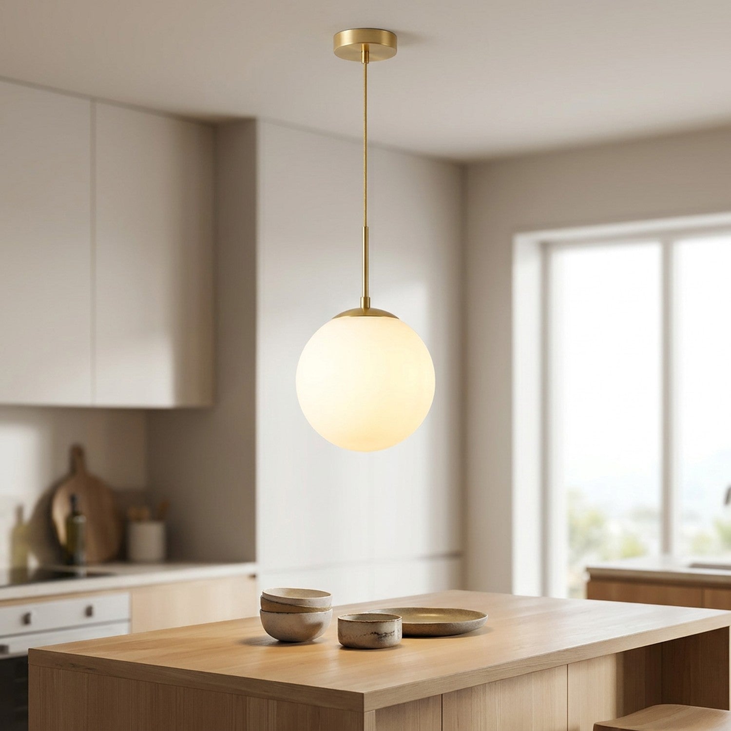 Suspension boule de verre opale dorée allumée au-dessus d'un îlot de cuisine moderne