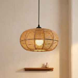 Suspension abat-jour citrouille en corde de chanvre, forme sphère aplatie