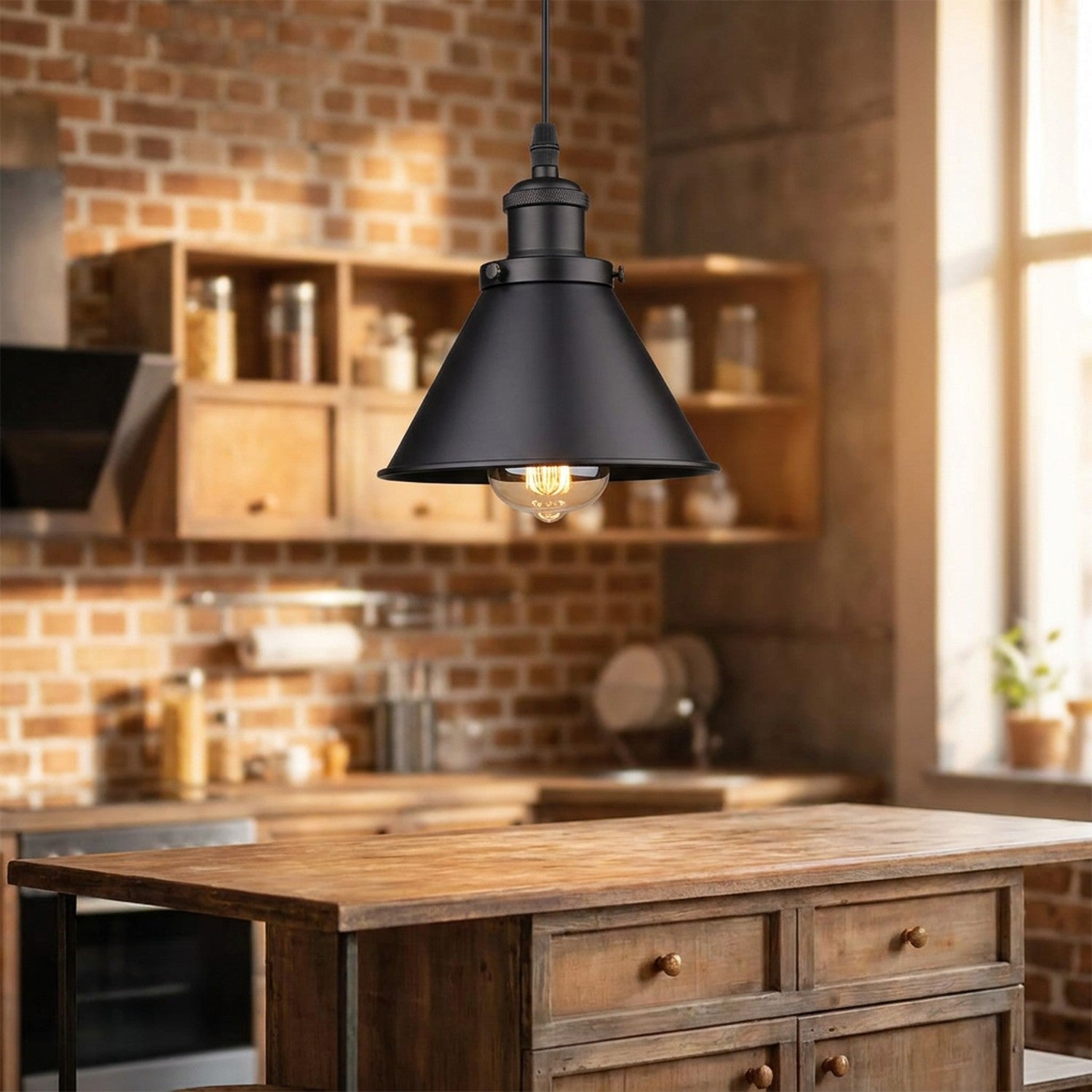 Suspension industrielle vintage abat-jour métal noir au-dessus d'un îlot de cuisine