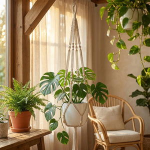 Suspension macramé en coton naturel avec monstera dans un salon bohème lumineux