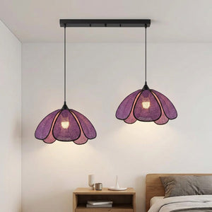 Suspension 2 têtes rotin violet, chambre bohème