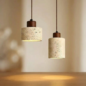 Suspension travertin et bois japonais wabi-sabi, modèles Disque et Cylindre allumés