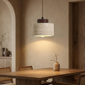 Suspension travertin pierre naturelle noyer compact au-dessus table à manger wabi-sabi