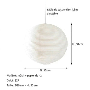 Suspension wabi-sabi Ø50cm, schéma de dimensions : H:50cm, câble 1,5m ajustable, culot E27