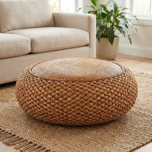 Tabouret pouf rond en jacinthe d'eau coloris marron caramel