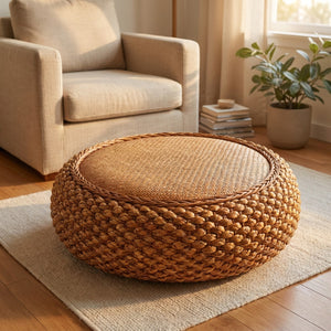 Tabouret pouf tressé utilisé comme repose-pied devant un fauteuil en lin