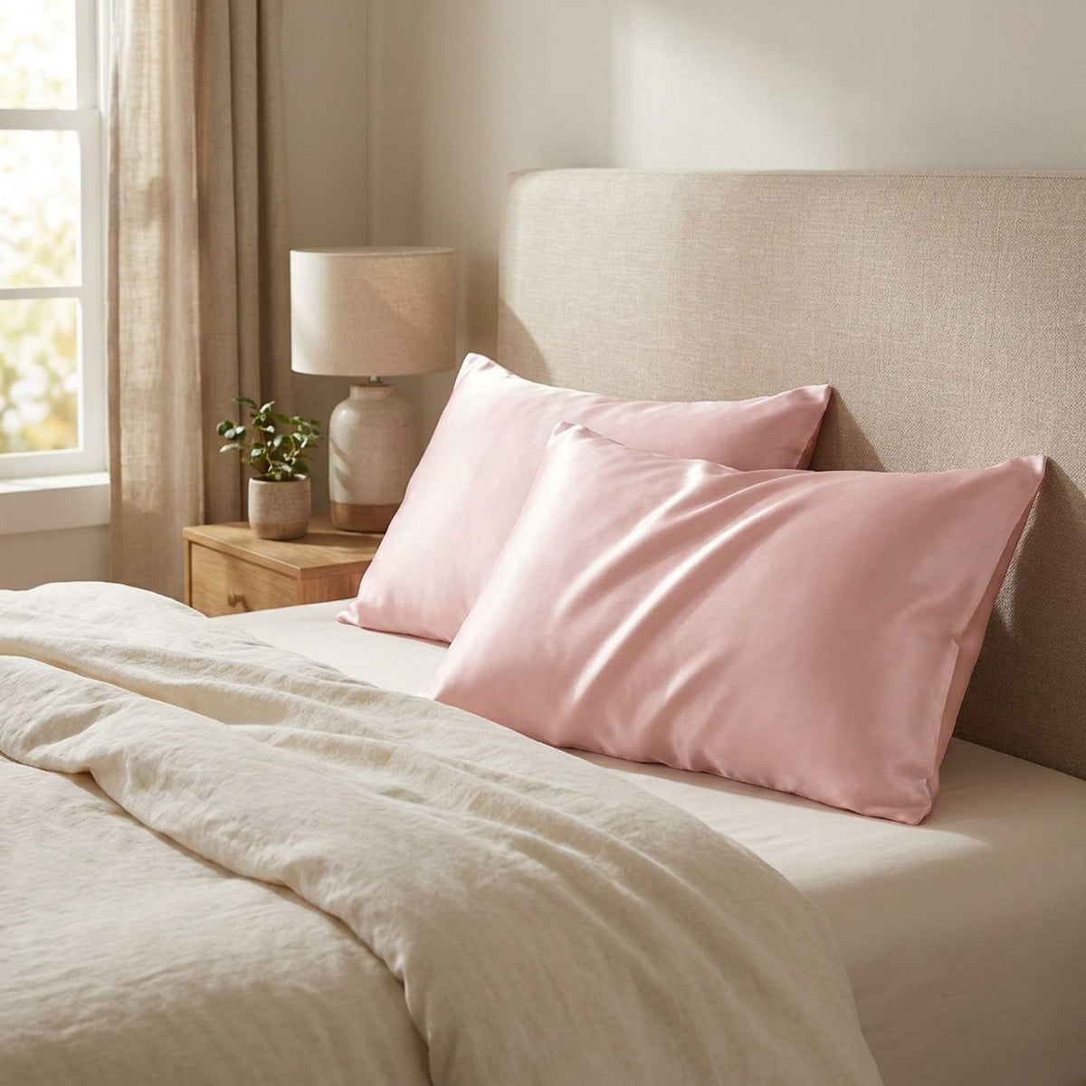 Taie d'oreiller en soie rose sur un lit fait avec coussins et plaid dans une chambre cosy