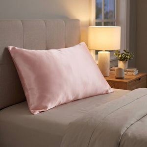 Taie d'oreiller en soie rose sur un lit dans une chambre moderne avec lampe de chevet allumée