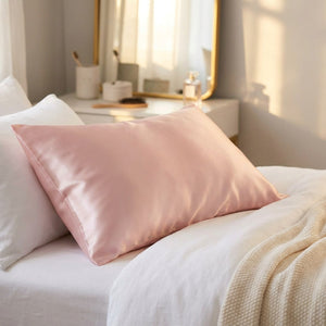 Taie d'oreiller en soie rose sur un lit près d'une coiffeuse pour la routine beauté du matin