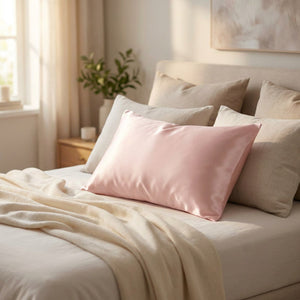 Taie d'oreiller rose en soie posée sur un lit fait dans une chambre lumineuse et chaleureuse