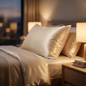Taie d'oreiller en satin champagne sur un lit dans une chambre chaleureuse au chevet allumé