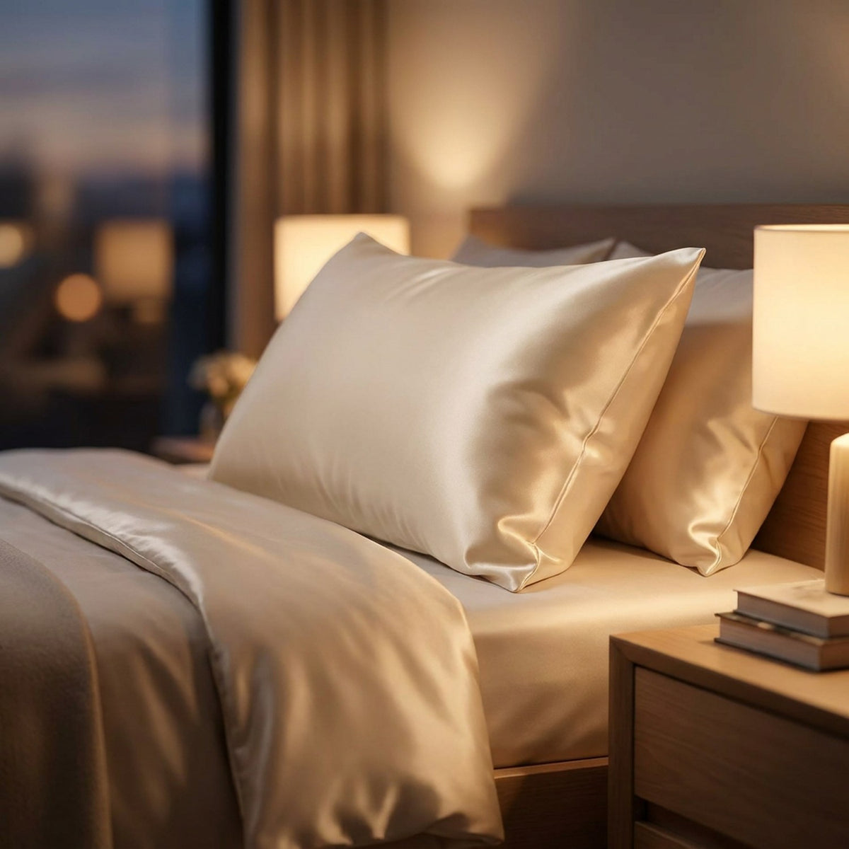 Taie d'oreiller en satin champagne sur un lit dans une chambre chaleureuse au chevet allumé