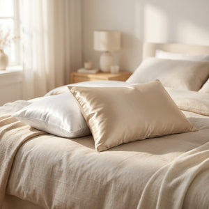 Taies d'oreiller en satin effet soie sur un lit fait dans une chambre lumineuse