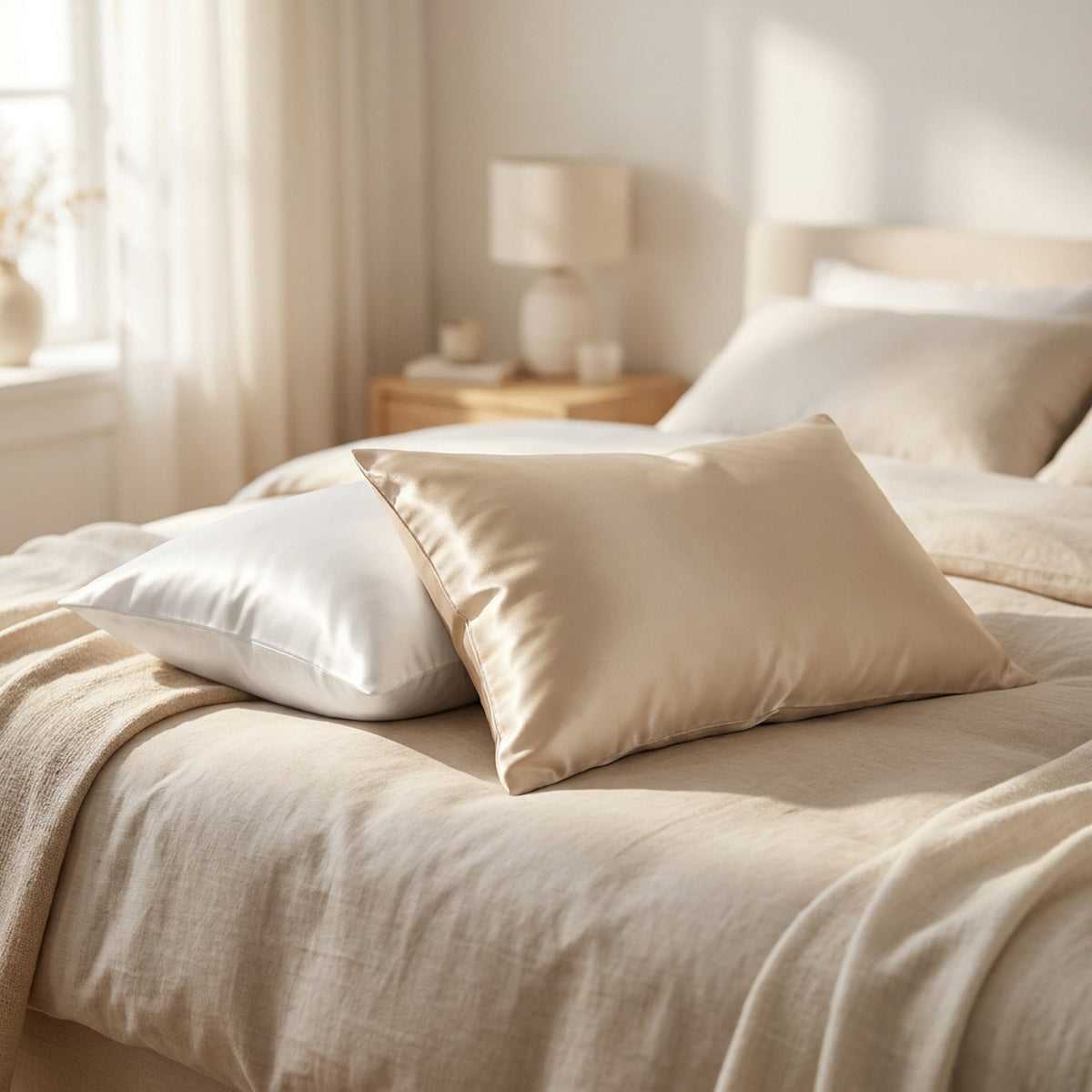Taies d'oreiller en satin effet soie sur un lit fait dans une chambre lumineuse