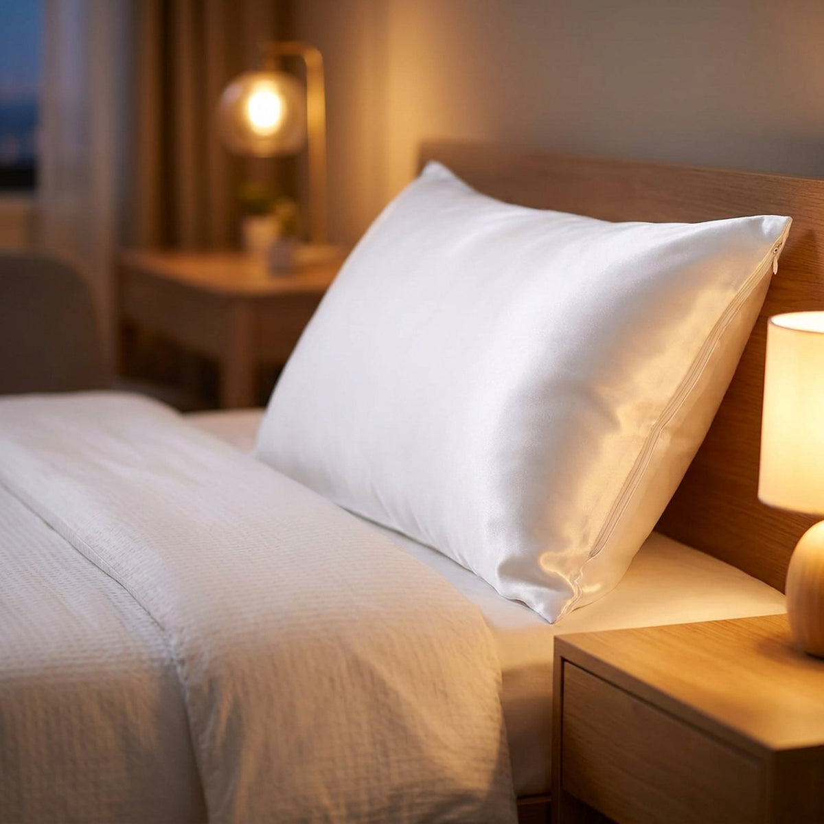 Taie d'oreiller en satin blanc sur un lit dans une chambre chaleureuse au chevet allumé