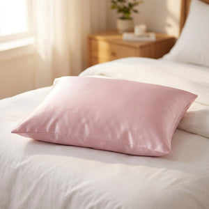 Taie d'oreiller en satin rose soyeux avec fermeture éclair sur un lit