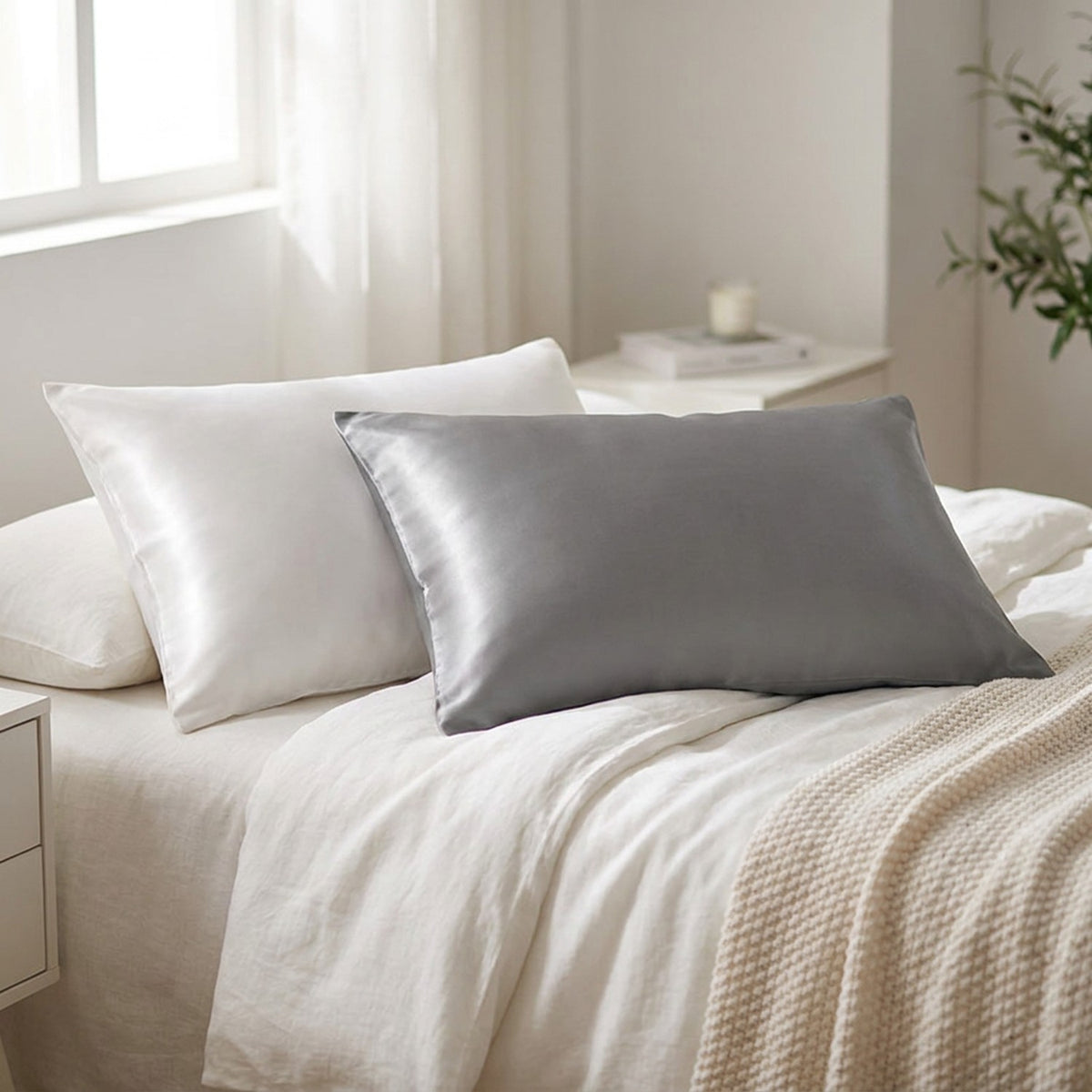 Taies d'oreiller en soie naturelle blanche et grise sur un lit lumineux