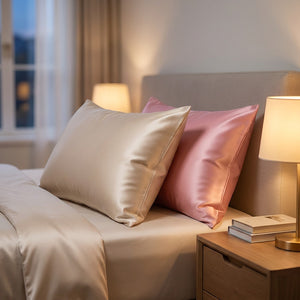 Taies d'oreiller en soie beige et rose sur un lit avec lampe de chevet