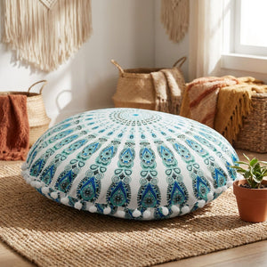 Housse de coussin ronde mandala bohème turquoise au sol
