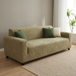 Housse de canapé kaki jacquard camélia en situation salon