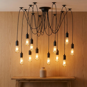 Lustre araignée 12 têtes bois chêne naturel ambiance chaleureuse salon