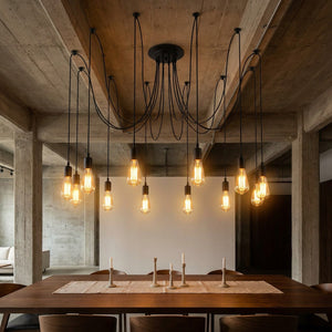 Suspension industrielle 14 têtes grand loft béton table longue salle à manger