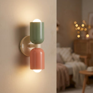 Applique murale LED double tête vert et rose sur socle beige