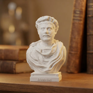 Buste de l empereur romain Dioclétien en plâtre blanc sur un socle gravé