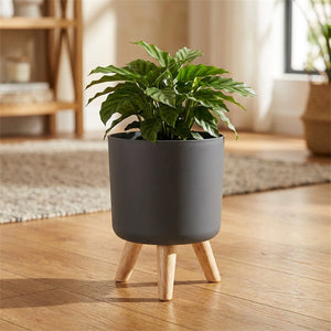 Cache-pot gris anthracite sur pieds en bois avec une plante verte