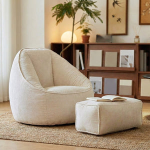 Fauteuil pouf et repose-pieds en velours côtelé blanc