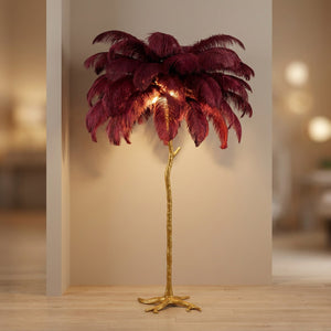 Lampadaire plume d'autruche bordeaux au pied doré