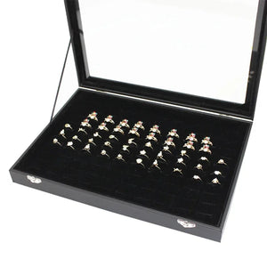 Plateau 100 emplacements bagues velours noir couvercle verre