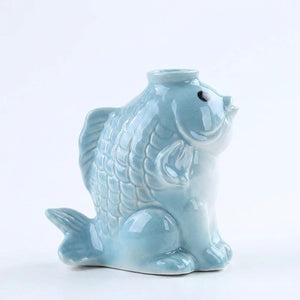 Vase céramique poisson bleu ciel, décoration florale