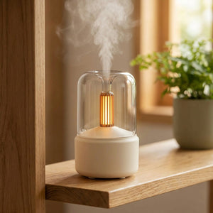 Diffuseur d'arômes USB couleur beige avec veilleuse flamme ambrée