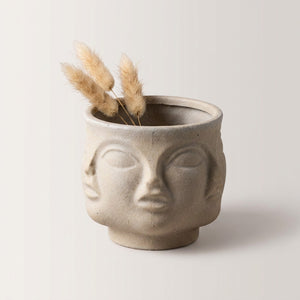 Vase bol visages sculptés céramique - Beige