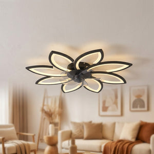Plafonnier ventilateur fleur coloris noir allumé au plafond