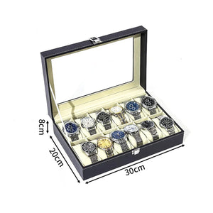 Boîte à montres en cuir noir pour 12 montres deux rangées