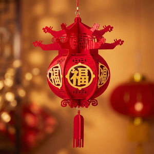 Lanterne chinoise Dragon tissu flocké rouge ronde Ø 35 cm avec couronne dragons