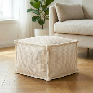 Pouf carré en coton gaufré écru