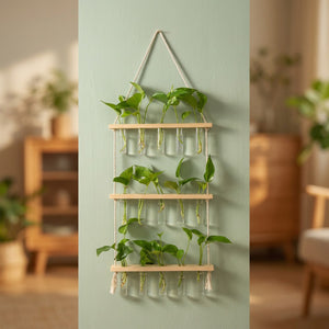 Vase mural en verre tubes bois clair 3 étages