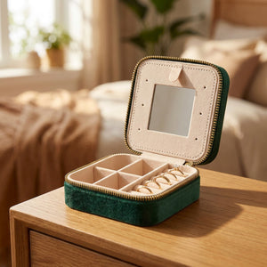Boîte à bijoux velours vert foncé ouverte avec miroir et compartiments pour bijoux