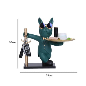 Statue bouledogue majordome résine vert 30 cm porte-clés plateau doré