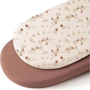 Drap-housse de berceau en gaze de coton imprimé fleurs terracotta avec drap uni vieux rose