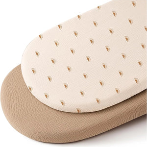 Drap-housse de berceau en gaze de coton imprimé petits soleils avec drap uni sable