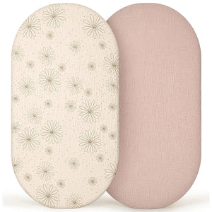 Drap-housse de couffin en mousseline imprimé marguerites dorées avec drap uni vieux rose