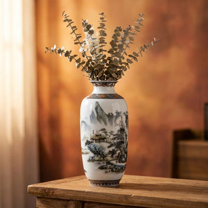 Vase céramique Jingdezhen motif Paysage de montagne peinture chinoise sur fond chaleureux
