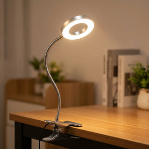 Lampe de bureau argentée à pince avec col de cygne flexible