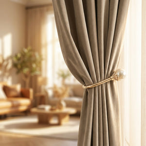 Rideau occultant velours beige gros plan sur le tissu et l'attache