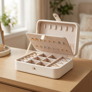 Boîte à bijoux en cuir blanc ouverte avec panneau à boucles d'oreilles et rangements